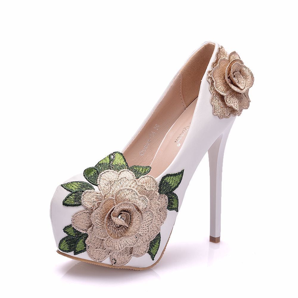 14 Cm High Heels Mikhaki Big Flower Banquet High Heels Stiletto Round Toe Waterproof Platform Single Shoes Foreign Trade Large Size