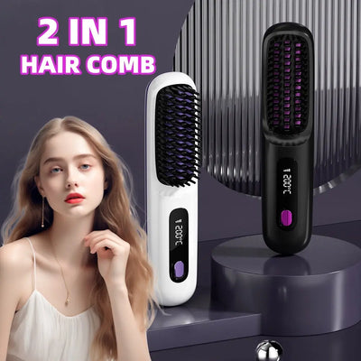 2 In 1 Straight Hair Comb Wireless Hair Straightener Brush Hair Fast Heating Portable Hot Curler USB Charging Sisters and brothers jewelry